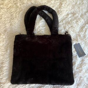 NWT Plush Faux Fur Top Handle Crossbody Tote Bag Black